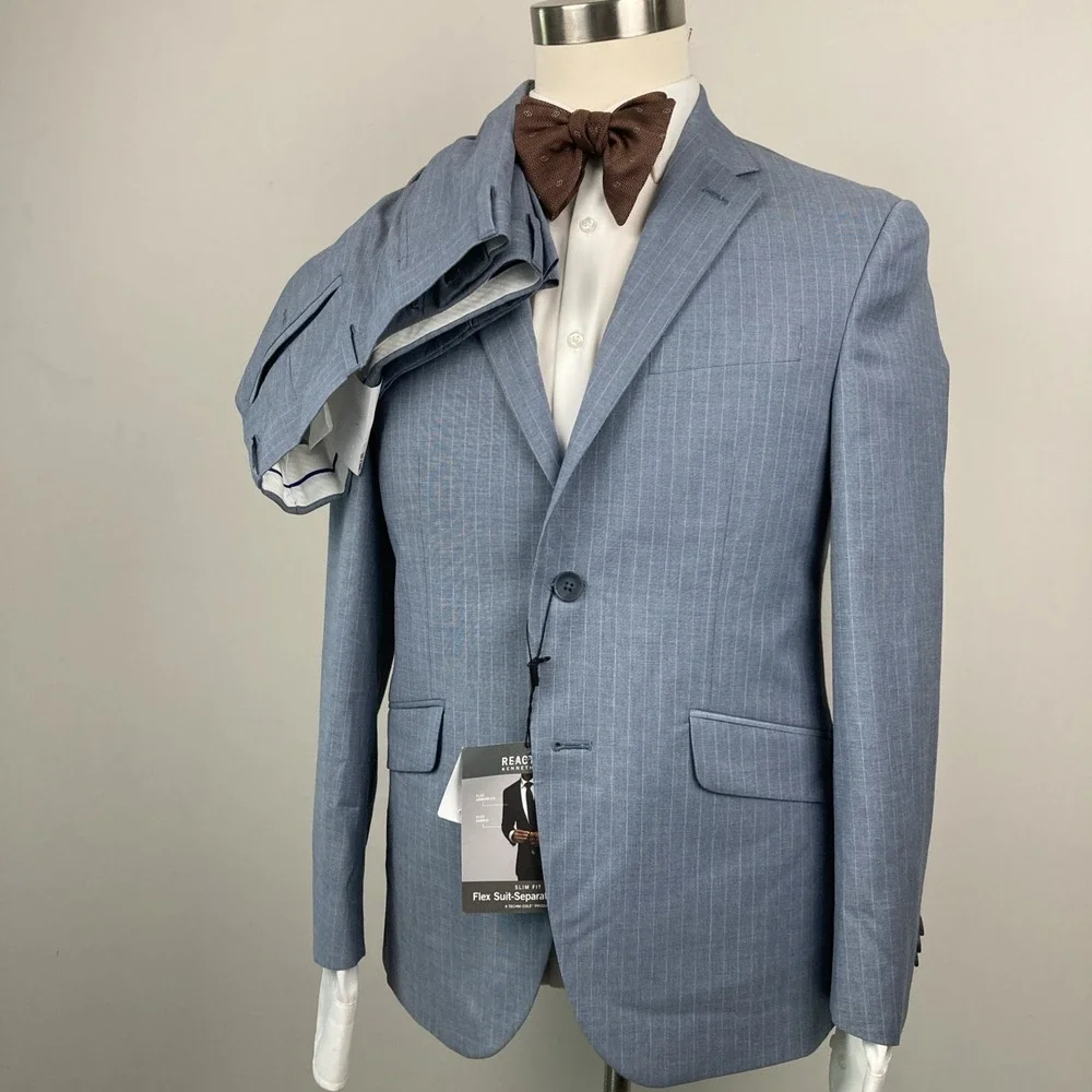 Kenneth Cole Reaction Men's Pinstripe Slim-Fit Techni-Cole Suit Blue 38S 30W 30L